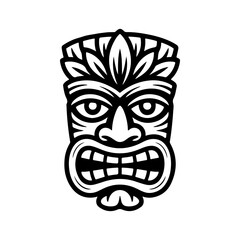 Tiki tribal wooden mask set and Tiki mug. Hawaiian traditional elements. Colored, wooden and black and white silhouette. Vector illustration