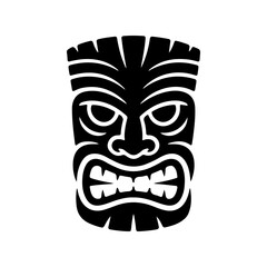 Tiki tribal wooden mask set and Tiki mug. Hawaiian traditional elements. Colored, wooden and black and white silhouette. Vector illustration