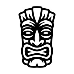 Tiki tribal wooden mask set and Tiki mug. Hawaiian traditional elements. Colored, wooden and black and white silhouette. Vector illustration