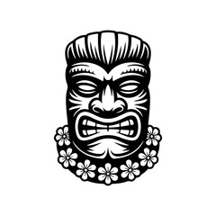 Tiki tribal wooden mask set and Tiki mug. Hawaiian traditional elements. Colored, wooden and black and white silhouette. Vector illustration