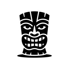 Tiki tribal wooden mask set and Tiki mug. Hawaiian traditional elements. Colored, wooden and black and white silhouette. Vector illustration