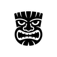 Tiki tribal wooden mask set and Tiki mug. Hawaiian traditional elements. Colored, wooden and black and white silhouette. Vector illustration