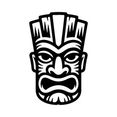 Tiki tribal wooden mask set and Tiki mug. Hawaiian traditional elements. Colored, wooden and black and white silhouette. Vector illustration