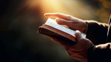 Soft sunlight streaming across sacred pages, highlighting reverent hands gently turning biblical text with deep spiritual contemplation, revealing profound religious insight