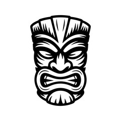 Tiki tribal wooden mask set and Tiki mug. Hawaiian traditional elements. Colored, wooden and black and white silhouette. Vector illustration