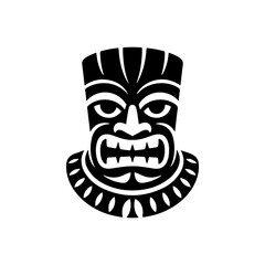 Tiki tribal wooden mask set and Tiki mug. Hawaiian traditional elements. Colored, wooden and black and white silhouette. Vector illustration