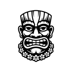Tiki tribal wooden mask set and Tiki mug. Hawaiian traditional elements. Colored, wooden and black and white silhouette. Vector illustration