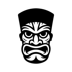 Tiki tribal wooden mask set and Tiki mug. Hawaiian traditional elements. Colored, wooden and black and white silhouette. Vector illustration