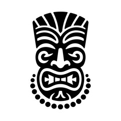 Tiki tribal wooden mask set and Tiki mug. Hawaiian traditional elements. Colored, wooden and black and white silhouette. Vector illustration