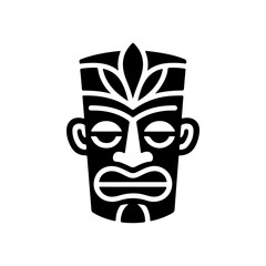 Tiki tribal wooden mask set and Tiki mug. Hawaiian traditional elements. Colored, wooden and black and white silhouette. Vector illustration