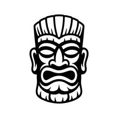 Tiki tribal wooden mask set and Tiki mug. Hawaiian traditional elements. Colored, wooden and black and white silhouette. Vector illustration