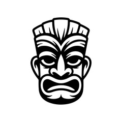 Tiki tribal wooden mask set and Tiki mug. Hawaiian traditional elements. Colored, wooden and black and white silhouette. Vector illustration