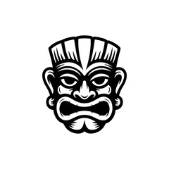 Tiki tribal wooden mask set and Tiki mug. Hawaiian traditional elements. Colored, wooden and black and white silhouette. Vector illustration