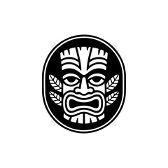 Tiki tribal wooden mask set and Tiki mug. Hawaiian traditional elements. Colored, wooden and black and white silhouette. Vector illustration