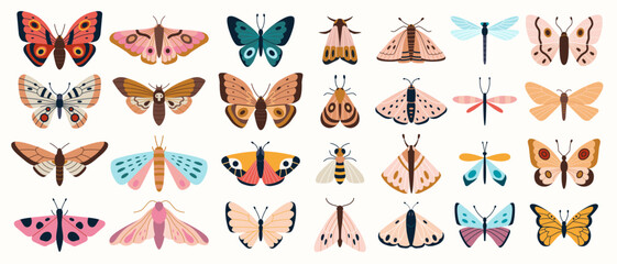 Big set of various colorful butterflies, moths and dragonflies. Cute flying insects collection. Trendy modern vector illustration isolated on white background, hand drawn, flat design
