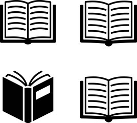 A collection of four book icons in black and white showing open books with pages visible
