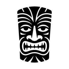 Tiki tribal wooden mask set and Tiki mug. Hawaiian traditional elements. Colored, wooden and black and white silhouette. Vector illustration