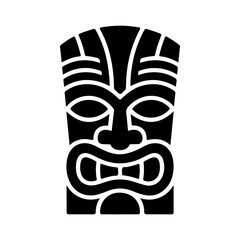 Tiki tribal wooden mask set and Tiki mug. Hawaiian traditional elements. Colored, wooden and black and white silhouette. Vector illustration