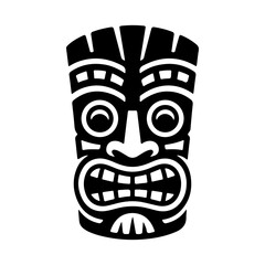 Tiki tribal wooden mask set and Tiki mug. Hawaiian traditional elements. Colored, wooden and black and white silhouette. Vector illustration