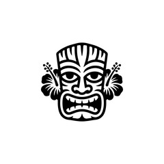 Tiki tribal wooden mask set and Tiki mug. Hawaiian traditional elements. Colored, wooden and black and white silhouette. Vector illustration