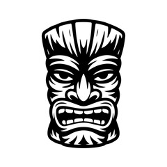 Tiki tribal wooden mask set and Tiki mug. Hawaiian traditional elements. Colored, wooden and black and white silhouette. Vector illustration