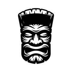 Tiki tribal wooden mask set and Tiki mug. Hawaiian traditional elements. Colored, wooden and black and white silhouette. Vector illustration