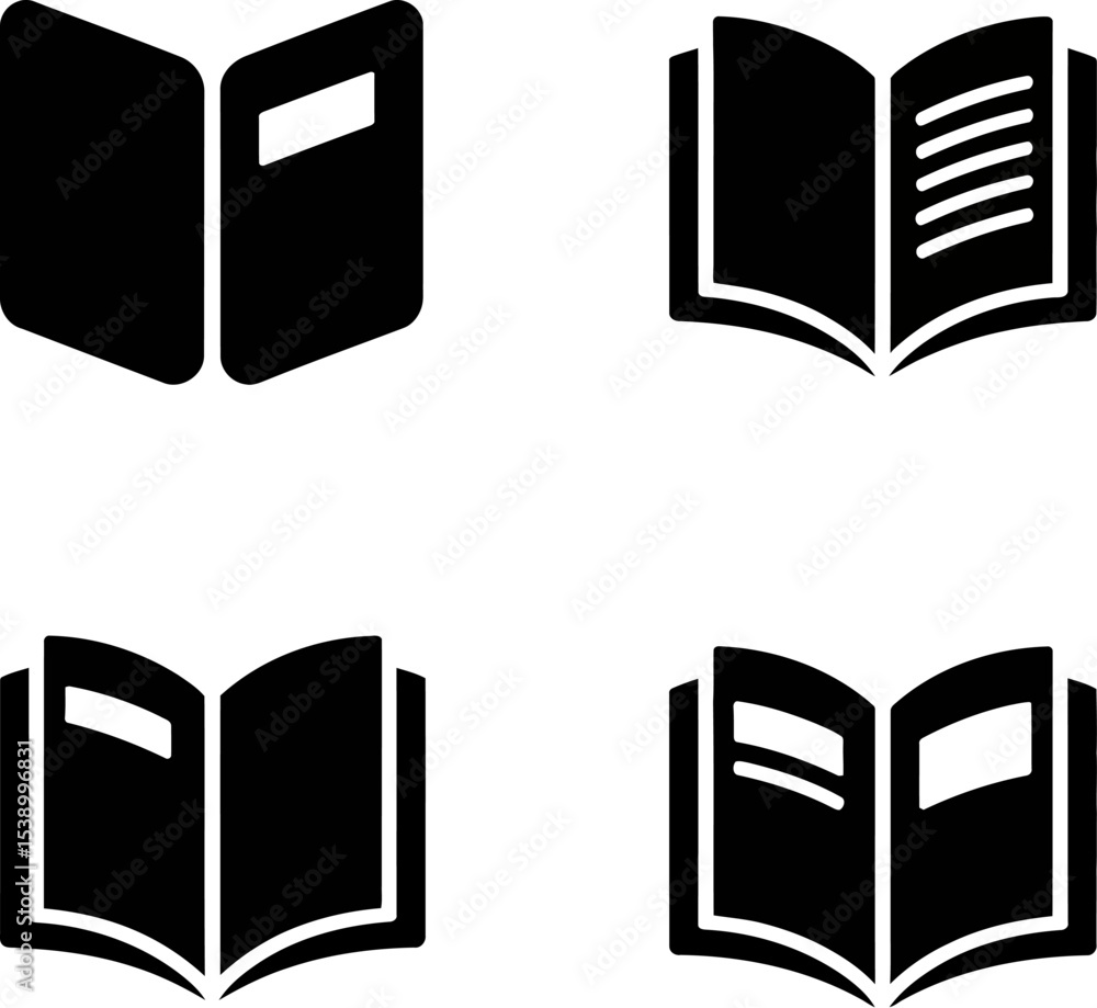 Poster a collection of four black and white open book icons in a simple vector style set