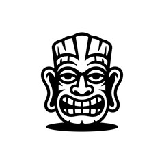 Tiki tribal wooden mask set and Tiki mug. Hawaiian traditional elements. Colored, wooden and black and white silhouette. Vector illustration