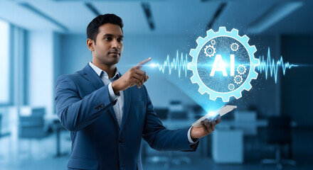 Man in suit using ai technology with gear and waveform in a modern office space isolated on white background, tarensparent background, png, jpg,jpeg,  on transparent background