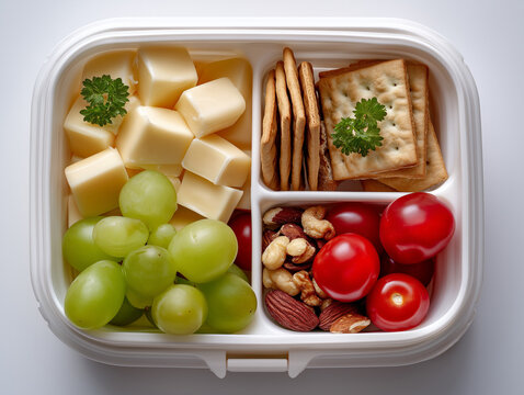 top view of a compact picnic box with cheese cubes, grapes, cherry tomatoes, crackers, and nuts, neatly arranged in compartments, isolated on white table background