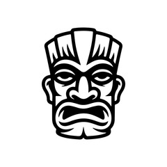 Tiki tribal wooden mask set and Tiki mug. Hawaiian traditional elements. Colored, wooden and black and white silhouette. Vector illustration