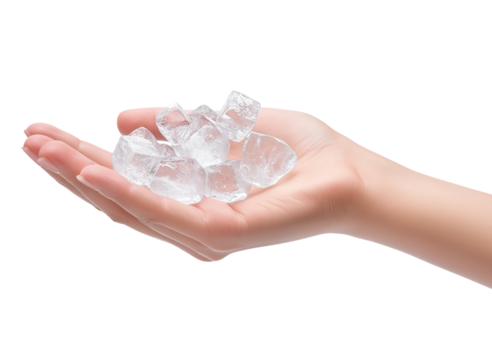 Close-up of a Female Hand Holding Ice Cubes isolated on white or transparent background PNG