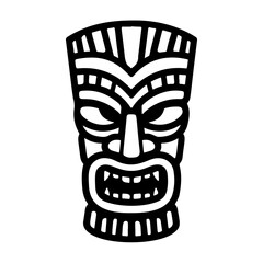 Tiki tribal wooden mask set and Tiki mug. Hawaiian traditional elements. Colored, wooden and black and white silhouette. Vector illustration