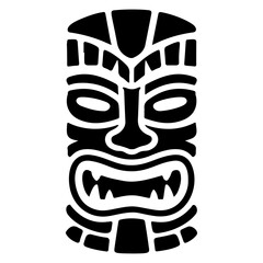 Tiki tribal wooden mask set and Tiki mug. Hawaiian traditional elements. Colored, wooden and black and white silhouette. Vector illustration