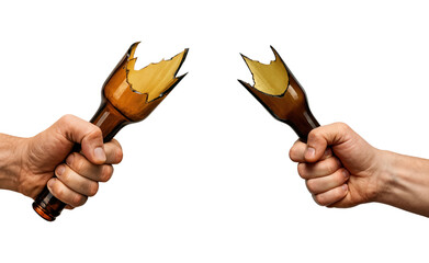 Clashing Beer Bottles in a Dramatic Showdown Between Two Hands, Symbolizing Conflict and Tension, Isolated on Transparent and White Background