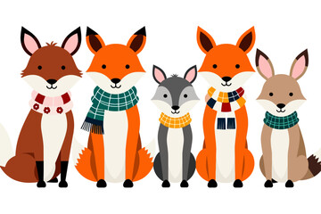 Cute Cartoon Animals in Scarves-Foxes, Wolf and Bunny Ready for Winter-Colorful Vector Illustration for Kids-Adorable Animal Characters Lineup