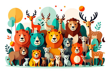 Fototapeta premium Cute Cartoon Animals-Bears Lions and Deer Illustration-Colorful Forest Animals Art-Whimsical Animal Design for Kids-Nature Inspired Art Print