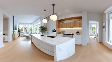 A 360 view of a modern kitchen interior, immersive perspective, viewers can explore every corner
