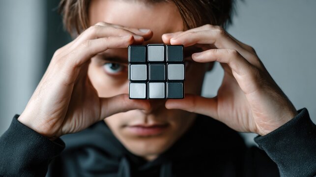 A person intensely focused on solving a 3D puzzle cube, hands steady, symbol of unique neurodivergent strengths