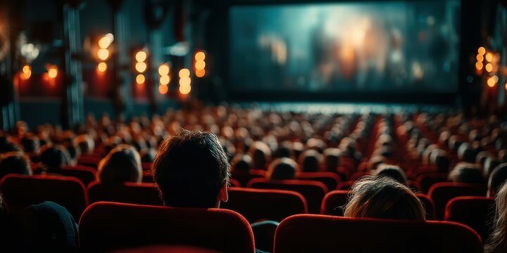 Crowd enjoying a movie experience in a cozy theater with warm lighting