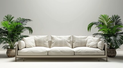 White sofa with pillows between two potted plants in a modern minimalist living room interior with white wall