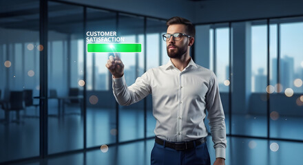 Man in shirt touching customer satisfaction interface in modern office setting isolated on white background, tarensparent background, png, jpg,jpeg,  on transparent background
