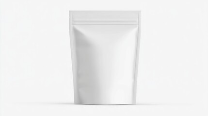Plain white packaging pouch standing upright on a clean surface, ideal for product display
