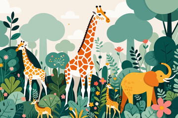 Cute Giraffes and Elephant in Jungle Illustration- Cartoon Animals in Nature Scene- Children's Art for Prints and Decor- Colorful Wildlife Artwork