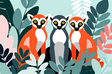 Obraz premium Cute Lemur Illustration - Three Colorful Lemurs in a Jungle - Playful Animal Art for Kids and Adults - Modern Graphic Design featuring Wildlife