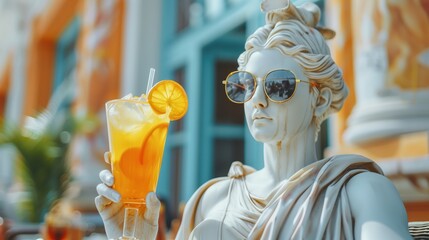 Trendy white mannequin wearing sunglasses, gripping chilled orange juice with lemon wedge against vibrant background