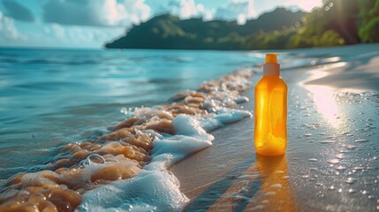 Orange sunscreen bottle resting on the beach, waves crashing around it as the sun sets, creating a beautiful evening glow