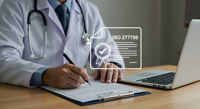 Doctor Working on ISO Certification Compliance with Digital Quality Assurance Document