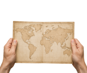 Hands Holding a Vintage World Map Open to Illustrate Global Exploration and Adventure, Isolated on Transparent and White Background