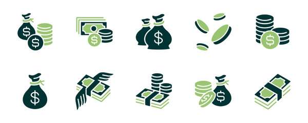 Simple collection of money dollar cash and coin icon set economy finance bank savings accounting online currency. Pile of coins, stack of money, money bag vector illustration for web and app